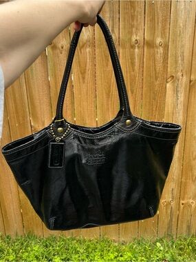 Coach Black Leather Tote with Brass Accents